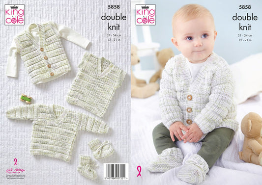 King Cole 5858 Baby DK Cardigan Waistcoat Sweater Tank Top Bootees Knitting Pattern
