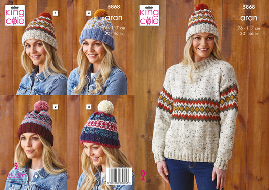 King Cole 5868 Adult Aran Fair Isle Sweater Hat Knitting Pattern