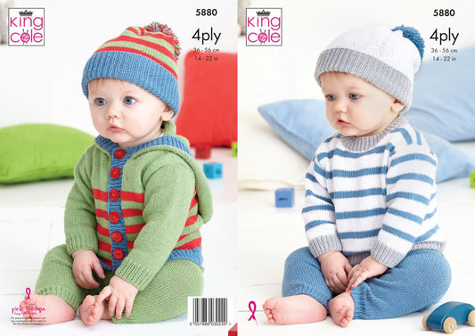 King Cole 5880 Baby 4Ply Sweater Hoodie Trousers Hat Knitting Pattern