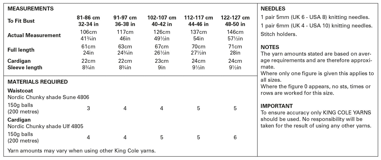 King Cole 5907 Adult Chunky Cardigan Waistcoat Knitting Pattern