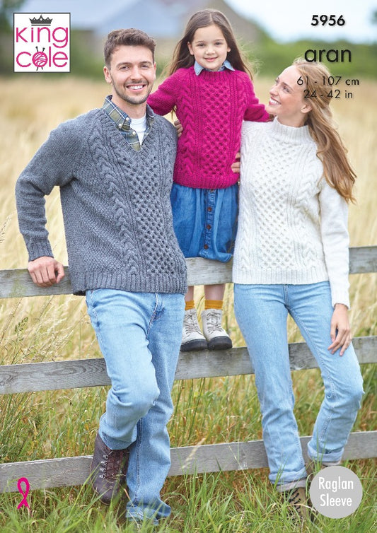 King Cole 5956 Adult Child Aran Sweater Knitting Pattern