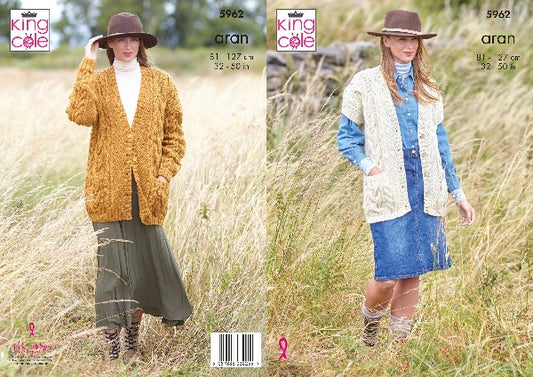 King Cole 5962 Adult Aran Cardigan Waistcoat Knitting Pattern