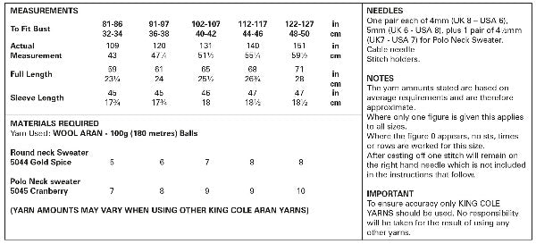 King Cole 5963 Adult Aran Sweater Knitting Pattern