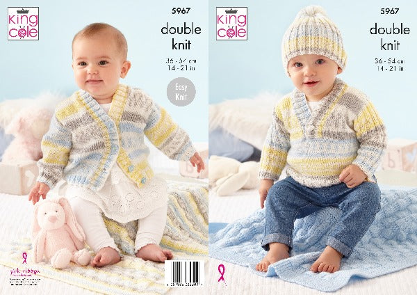 King Cole 5967 Baby DK Sweater Cardigan Hat Blanket Knitting Pattern