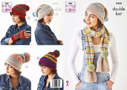King Cole 5968 Adult DK Hat Scarf Hand Warmers Knitting Pattern