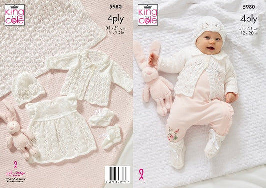 King Cole 5980 Baby 4ply Shawl Matinee Coat Dress Hat Bootees Knitting Pattern