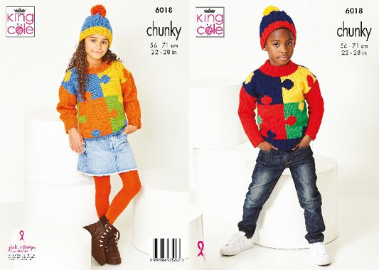 King Cole 6018 Child Chunky Sweater Hat Knitting Pattern