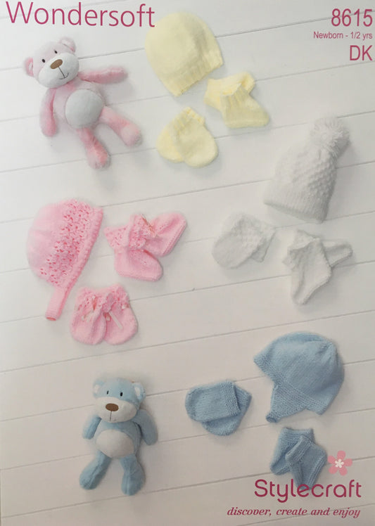 Stylecraft 8615 Baby DK Knitting Pattern Hats Mittens Bootees Knitting Pattern