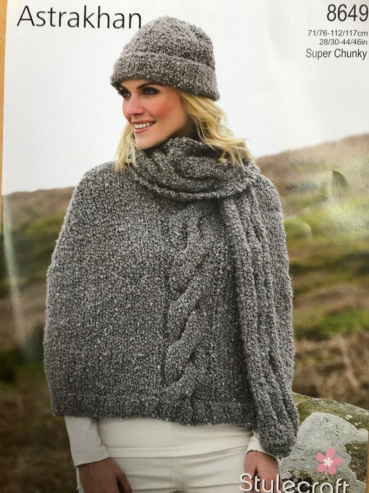 Stylecraft 8649 Adult Super Chunky Poncho Hat Scarf Knitting Pattern