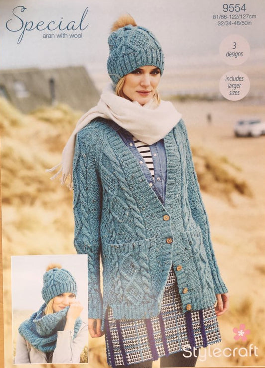 Stylecraft 9554 Aran Knitting Pattern Cardigan, Snood Hat
