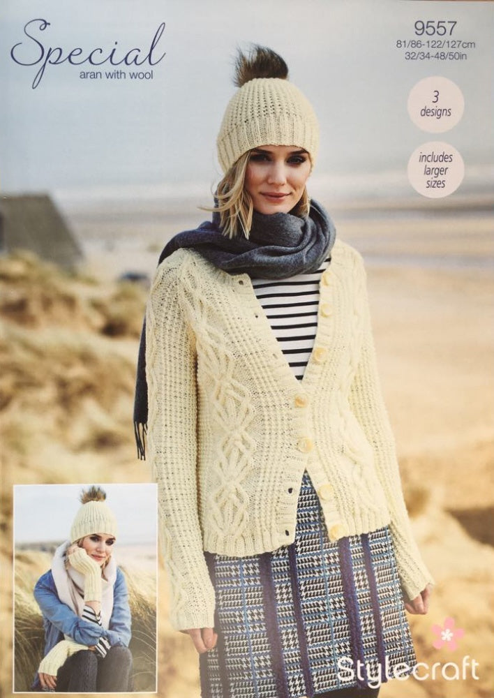 Stylecraft 9557 Adult Aran Cardigan Hat Mitts Knitting Pattern