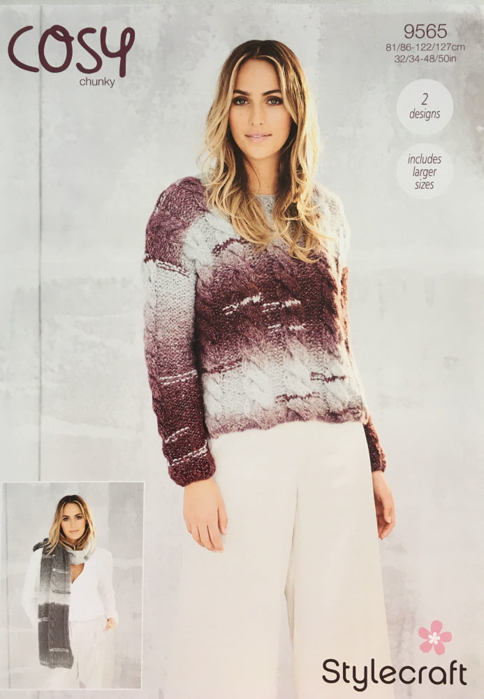 Stylecraft 9565 Knitting Pattern Cosy Chunky Ladies Sweater Scarf