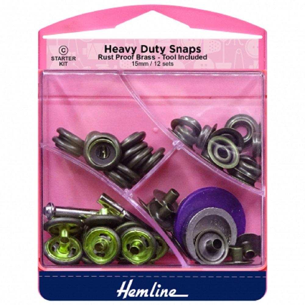 Hemline Heavy Duty Snaps Antique Brass 15mm starter kit. 12 sets 