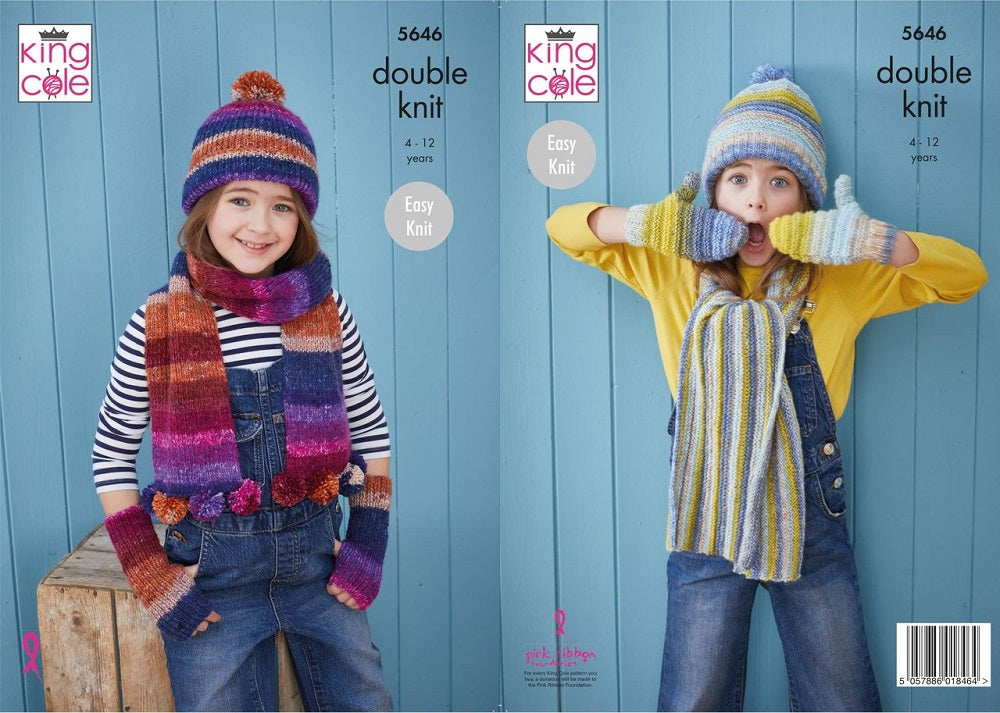 King Cole 5646 Double Knit Childs Hat Scarf Mitts Knitting Pattern