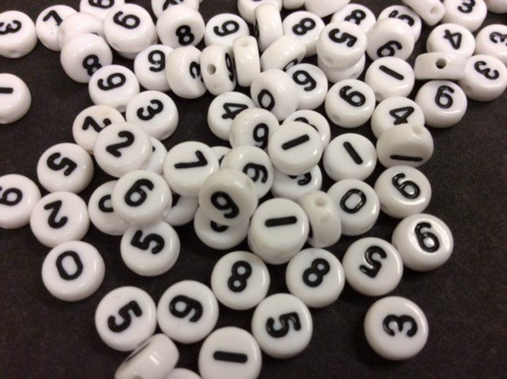 100 White Flat Round Acrylic Beads Number Style 7 mm
