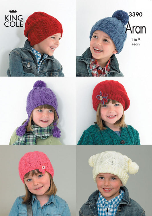 King Cole 3390 Aran Childs Hat Knitting Pattern
