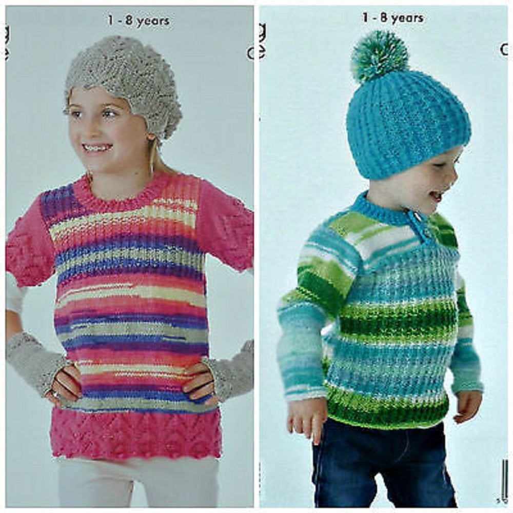King Cole 4096 Childs Double Knit Sweater Hats Tunic Knitting Pattern