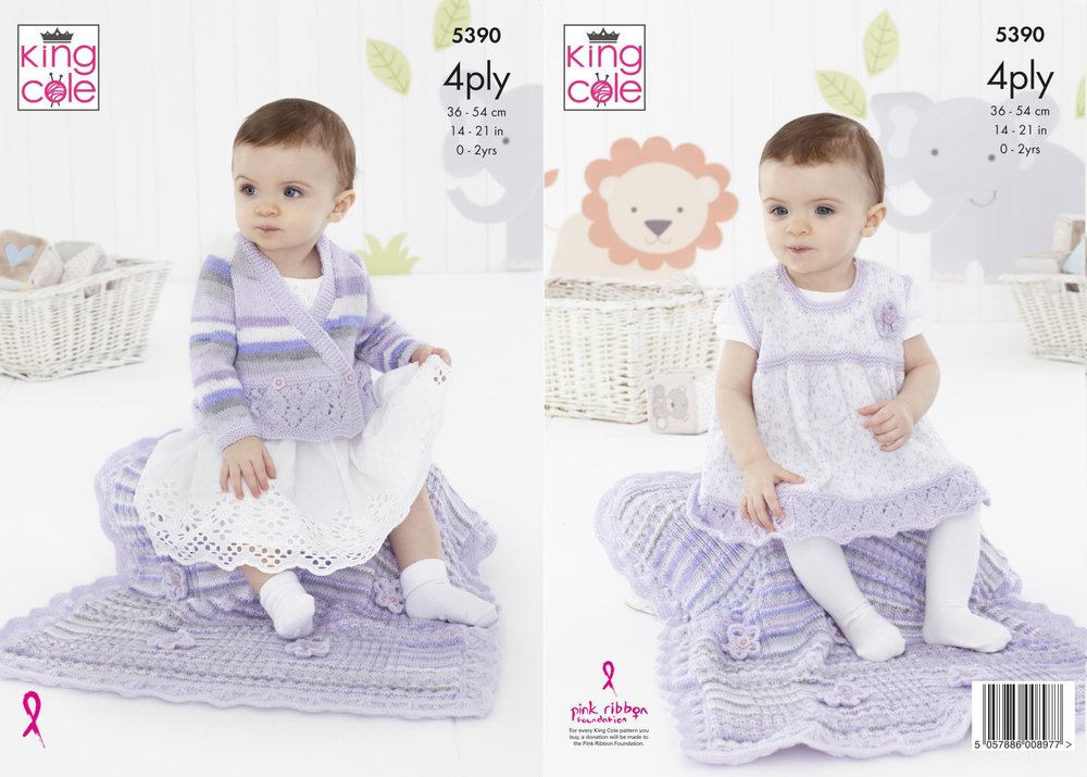 King Cole 5390 Baby Cardigan Dress Blanket 4ply Knitting Pattern
