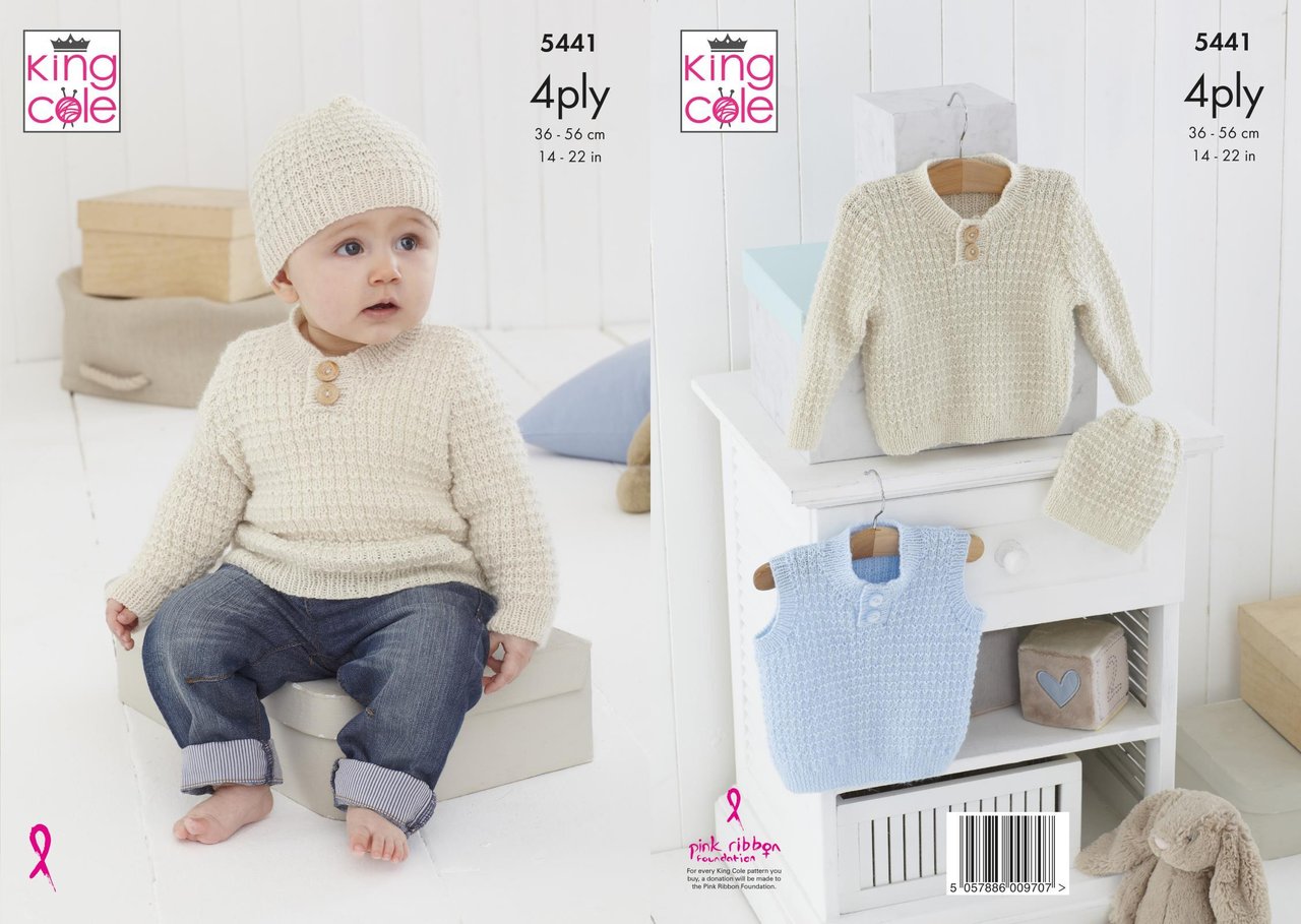 King Cole 5441 Baby Sweater Slipover Hat 4Ply Knitting Pattern