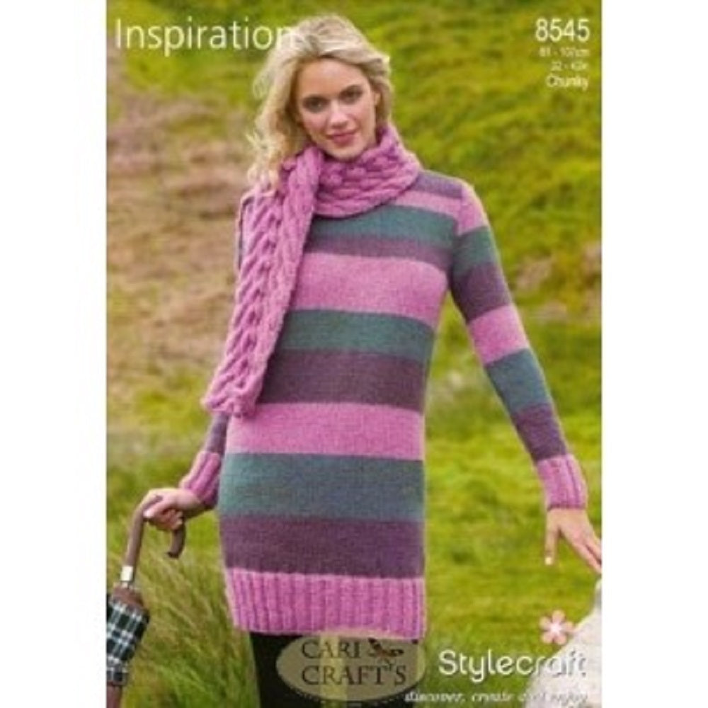 Stylecraft  8545 Adult Chunky Sweater Scarf Knitting Pattern