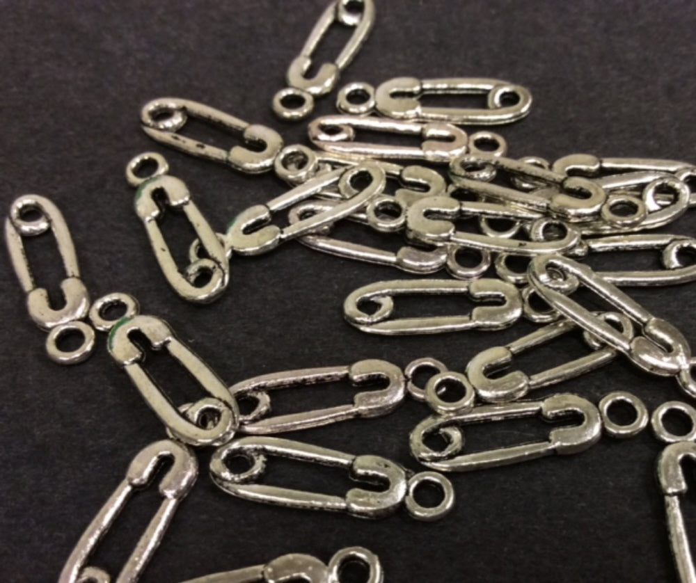 Safety Pin Silver Plated Metal Charm - pk30