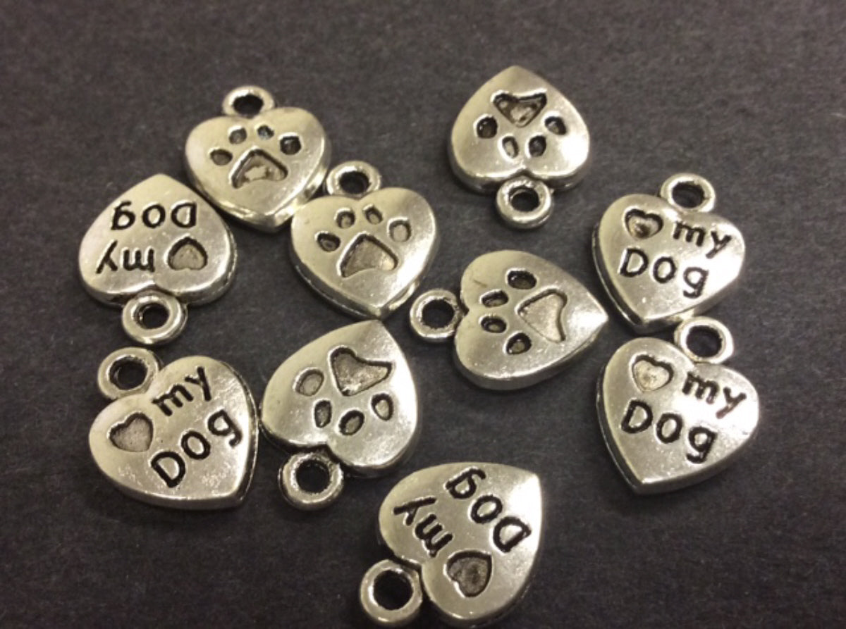 10 Heart My Dog Silver Plated Metal Charm 