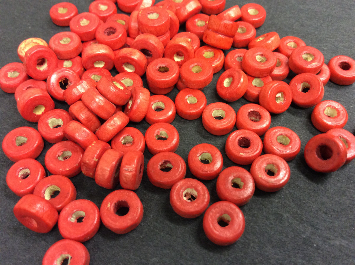 Wooden Beads Flat Round Red Pack 100